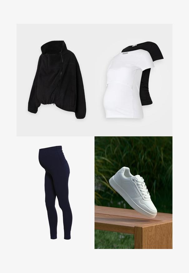Fekete fleece dzseki magas gallérral, cipzáros elejével és rugalmas aljával. Tartalmaz egy melltáskát és oldalsó zsebeket. Puha, texturált anyag.; Fekete és fehér várandós pólók, rövid ujjal, puha pamut anyagból, rétegezett kialakítással, amelyben gyűrt rész található a növekvő pocak számára.; Sötétkék kismama leggings rugalmas anyagból, magas derékkal és sima tekstúrával, szoros illeszkedéssel és minimális varrással a kényelem érdekében.; Fehér sportcipő sima szintetikus felsőrésszel, perforált lábujjrész, lapos fűzőkkel és texturált talppal, fából készült felületen kihelyezve.