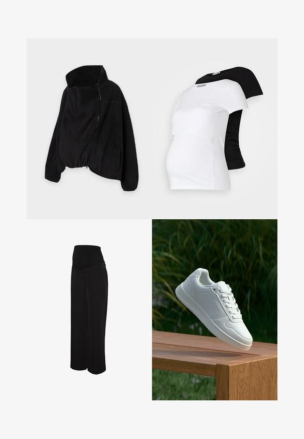 Čierna fleecová bunda s vysokým golierom, so zipsom na prednej strane a elastickým spodným lemom. Má náprsné vrecko a bočné vrecká. Mäkka, štruktúrovaná tkanina.; Čierne a biele tehotenské tričká s krátkym rukávom, vyrobené z mäkkej bavlny, s viacvrstvovým dizajnom a zhrnutou časťou pre rastúce brucho.; Čierne nohavice s širokými nohavicami a vysokým, elastickým pásom, vyrobené z mäkkej látky. Majú hladkú textúru a čisté, precízne švy.; Biele tenisky s hladkým syntetickým zvrškom, perforovanou špičkou, plochými šnúrkami a textúrovanou podrážkou, vystavené na drevenej ploche.