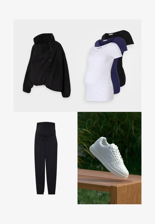 Svart fleecejakke med høy krage, glidelås foran og elastisk nederkant. Har brystlomme og sidelommer. Myk, strukturert stoff.; Graviditets T-skjorter i tre farger: hvit, marineblå og svart. Myk bomull, kortermet design med samlet sider for komfort og passform.; Sorte joggebukser for gravide i svart, laget av myk stoff, med elastisk livlinning, snøring i midjen og innsnørte mansjetter ved anklene.; Hvite sneakers med en glatt syntetisk overdel, perforert tåboks, flate snørebånd og en teksturert såle, vist på en treflate.