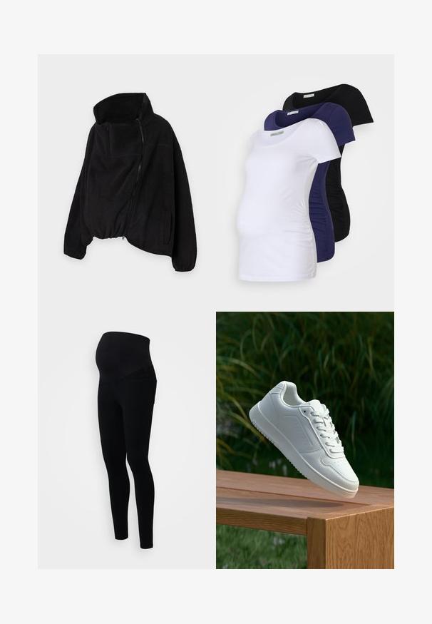 Czarna polarowa kurtka z wysokim kołnierzem, zamkiem błyskawicznym z przodu i elastycznym dołem. Posiada kieszeń na piersi oraz kieszenie boczne. Miękki, teksturowany materiał.; Koszulki ciążowe w trzech kolorach: białym, granatowym i czarnym. Miękki bawełniany materiał, krótki rękaw, z marszczeniami po bokach dla komfortu i lepszego dopasowania.; Czarne legginsy ciążowe z wysokim stanem dla dodatkowego wsparcia, dopasowanym krojem oraz miękkim, elastycznym materiałem dla komfortu.; Biały sneaker z gładką syntetyczną cholewą, perforowanym noskiem, płaskimi sznurowadłami i teksturowaną podeszwą, wyeksponowany na drewnianej powierzchni.