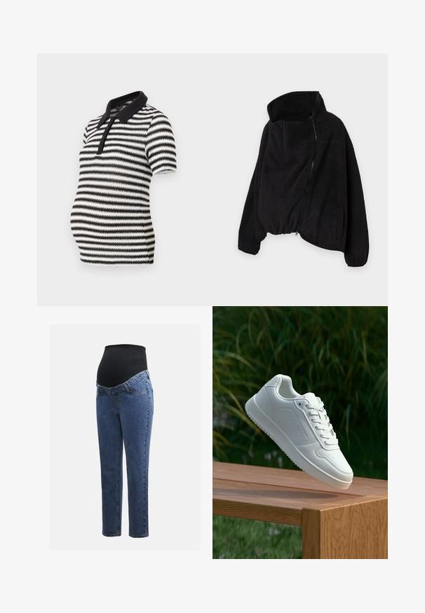 Svart fleecejakke med høy krage, glidelås foran og elastisk nederkant. Har brystlomme og sidelommer. Myk, strukturert stoff.; Svart og hvitstripete polo-skjorte med korte ermer, svart krage og knapperekke foran, designet for graviditetsbruk.; Graviditetsjeans med ben i blå denim og et svart elastisk magepanel designet for å støtte og dekke en voksende buk.; Hvite sneakers med en glatt syntetisk overdel, perforert tåboks, flate snørebånd og en teksturert såle, vist på en treflate.