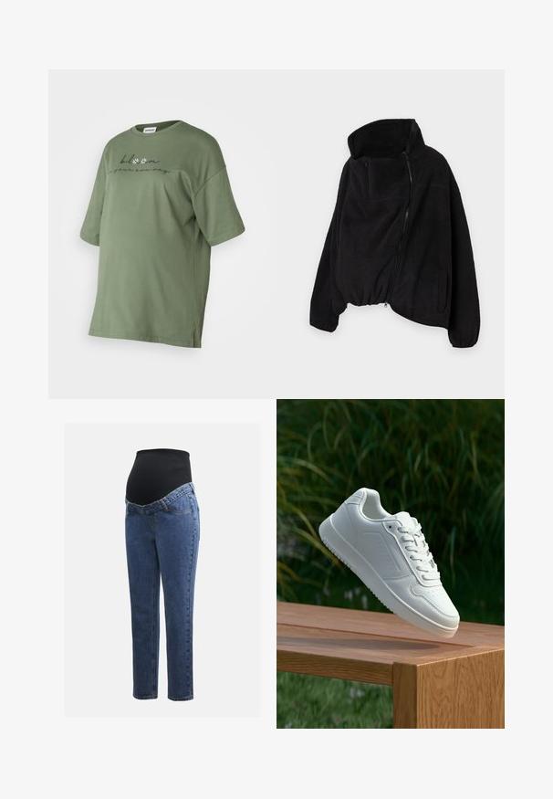 Must lähedane fliisjakk kõrge kaelusega, lukuga ees ja elastse äärisega. Omab rinnataskut ja küljetaskuid. Pehme, tekstuuriga kangas.; Olive roheline ülepaisutatud puuvillane T-särk lühikeste varrukatega, ümmargune kaelus, külgmised lõhed ning esiküljel trükitud tekst lilleliste aktsentidega.; Rasedusjeansid sinise denimi jalgadega ja musta veniva kõhuplaadiga, mis on mõeldud toetama ja katma kasvavat kõhtu.; Valged sneakerd, millel on sile sünteetiline ülemine osa, väikeste aukudega varvaskast, lamedad paelad ja tekstuuriga tald, eksponeeritud puidust pinnal.