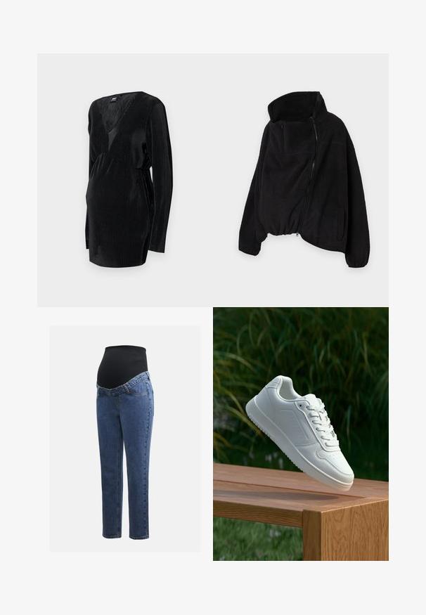 Juodas vilnonis džemperis su aukšta apykakle, užtrauktuku priekyje ir elastingu gale. Yra krūtinės kišenė ir šoninės kišenės. Minkšta, tekstūruota medžiaga.; Juoda, ilgarankovė nėštumo palaidinė su tekstūruotu raštu, turinti gilią V formos iškirptę ir susiraukšlėjimo juostą, užtikrinančią patogų prigludimą.; Nėštumo džinsai su mėlynos džinsinės medžiagos kojomis ir juodu elastingu pilvo skydeliu, skirtu palaikyti ir uždengti augantį pilvuką.; Balti sneakeriai su lygia sintetine viršutine dalimi, perforuota pirštų zona, plokščiomis raištelėmis ir tekstūruotu padu, padėti ant medinės paviršiaus.