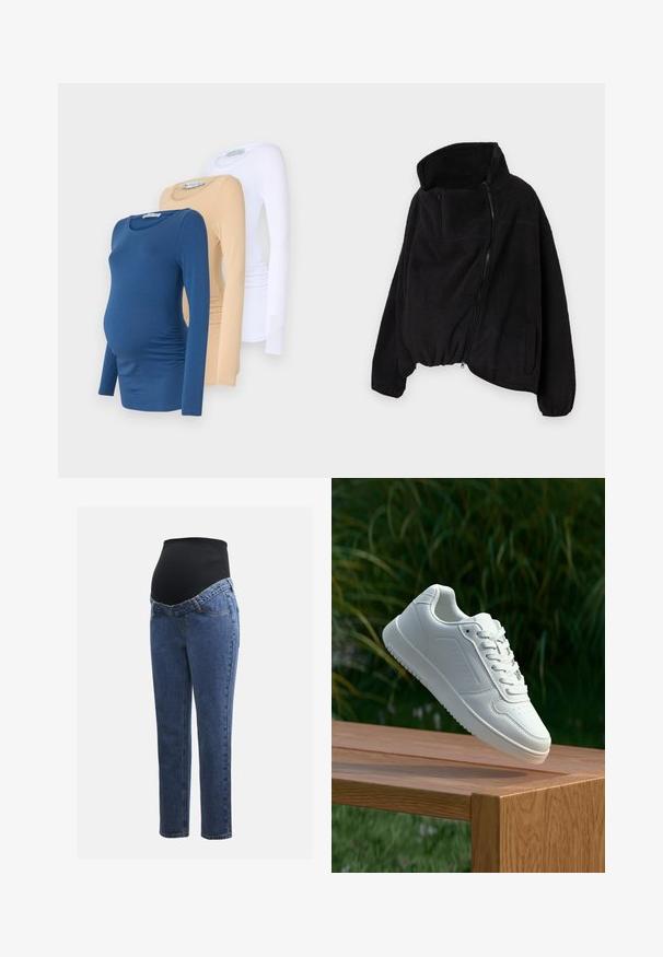 Fekete fleece dzseki magas gallérral, cipzáros elejével és rugalmas aljával. Tartalmaz egy melltáskát és oldalsó zsebeket. Puha, texturált anyag.; Három hosszúujjú kismama felső kék, bézs és fehér színben. Puha anyagból készült, testhezálló szabással és oldalsó redőzéssel a kényelem érdekében.; Kismamaruhák kék farmer lábakkal és fekete rugalmas haspanellel, amely a növekvő pocakot támogatja és fedi.; Fehér sportcipő sima szintetikus felsőrésszel, perforált lábujjrész, lapos fűzőkkel és texturált talppal, fából készült felületen kihelyezve.