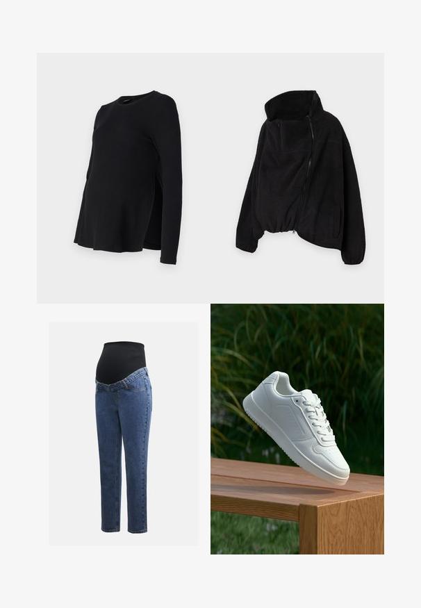 Svart fleecejakke med høy krage, glidelås foran og elastisk nederkant. Har brystlomme og sidelommer. Myk, strukturert stoff.; ONLY MATERNITY OLMHALLE - Topper langermet - black; Graviditetsjeans med ben i blå denim og et svart elastisk magepanel designet for å støtte og dekke en voksende buk.; Hvite sneakers med en glatt syntetisk overdel, perforert tåboks, flate snørebånd og en teksturert såle, vist på en treflate.
