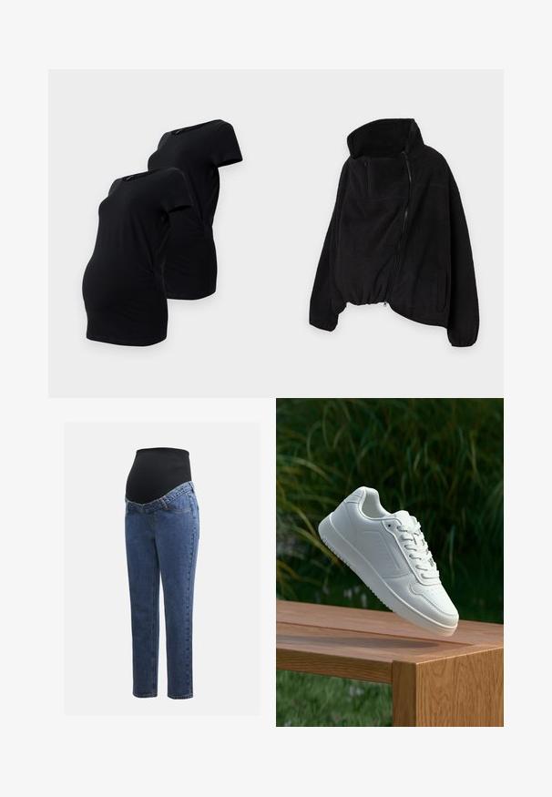 Svart fleecejakke med høy krage, glidelås foran og elastisk nederkant. Har brystlomme og sidelommer. Myk, strukturert stoff.; Sorte ammetnings t-skjorter laget av myk bomull, med korte ermer og sideserringer for en tettsittende look over magen. To inkludert.; Graviditetsjeans med ben i blå denim og et svart elastisk magepanel designet for å støtte og dekke en voksende buk.; Hvite sneakers med en glatt syntetisk overdel, perforert tåboks, flate snørebånd og en teksturert såle, vist på en treflate.