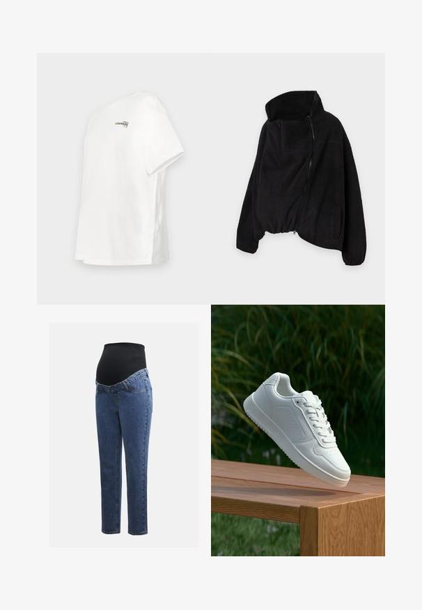 Svart fleecejakke med høy krage, glidelås foran og elastisk nederkant. Har brystlomme og sidelommer. Myk, strukturert stoff.; Hvit bomull t-skjorte med korte ermer, en avslappet passform, rund hals, og svart trykk som leser "LOVELY LEMONADE CLUB."; Graviditetsjeans med ben i blå denim og et svart elastisk magepanel designet for å støtte og dekke en voksende buk.; Hvite sneakers med en glatt syntetisk overdel, perforert tåboks, flate snørebånd og en teksturert såle, vist på en treflate.