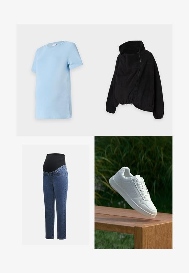 Svart fleecejakke med høy krage, glidelås foran og elastisk nederkant. Har brystlomme og sidelommer. Myk, strukturert stoff.; Lyseblå ammet-skjorte laget av myk bomull, med korte ermer, rund hals og en avslappet passform for komfort.; Graviditetsjeans med ben i blå denim og et svart elastisk magepanel designet for å støtte og dekke en voksende buk.; Hvite sneakers med en glatt syntetisk overdel, perforert tåboks, flate snørebånd og en teksturert såle, vist på en treflate.