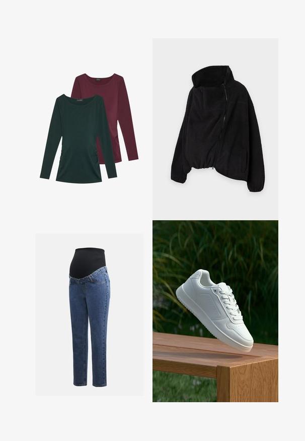 Svart fleecejakke med høy krage, glidelås foran og elastisk nederkant. Har brystlomme og sidelommer. Myk, strukturert stoff.; To lange ærmelige topper: en mørkegrønn og en burgunder. Begge har rund hals og siderykning, laget av myk stoff.; Graviditetsjeans med ben i blå denim og et svart elastisk magepanel designet for å støtte og dekke en voksende buk.; Hvite sneakers med en glatt syntetisk overdel, perforert tåboks, flate snørebånd og en teksturert såle, vist på en treflate.