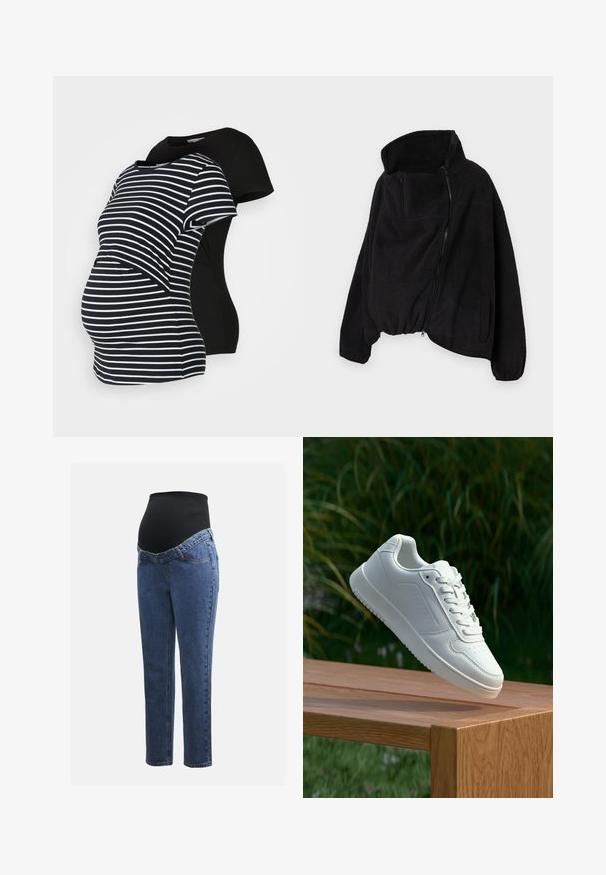 Svart fleecejakke med høy krage, glidelås foran og elastisk nederkant. Har brystlomme og sidelommer. Myk, strukturert stoff.; To graviditets t-skjorter: en svart, en svart og hvit stripet. Begge har korte ermer og en buet hem, designet for komfort under svangerskapet.; Graviditetsjeans med ben i blå denim og et svart elastisk magepanel designet for å støtte og dekke en voksende buk.; Hvite sneakers med en glatt syntetisk overdel, perforert tåboks, flate snørebånd og en teksturert såle, vist på en treflate.