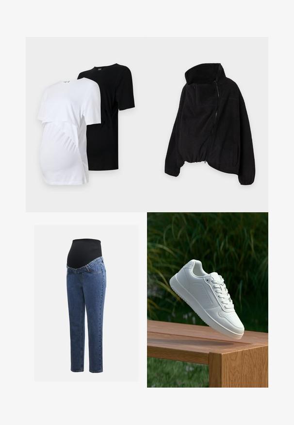 Must lähedane fliisjakk kõrge kaelusega, lukuga ees ja elastse äärisega. Omab rinnataskut ja küljetaskuid. Pehme, tekstuuriga kangas.; Kaks rasedust-särki: üks valge ja üks must. Igas on lühikesed varrukad, ümara kaeluse disain ning külgedel on muredetailid mugavuse tagamiseks.; Rasedusjeansid sinise denimi jalgadega ja musta veniva kõhuplaadiga, mis on mõeldud toetama ja katma kasvavat kõhtu.; Valged sneakerd, millel on sile sünteetiline ülemine osa, väikeste aukudega varvaskast, lamedad paelad ja tekstuuriga tald, eksponeeritud puidust pinnal.