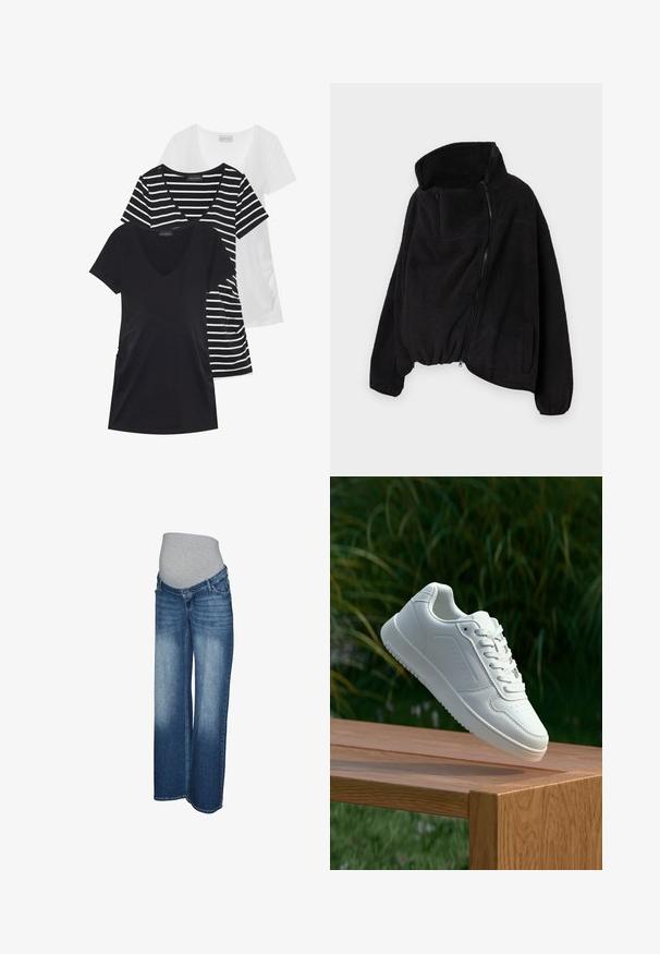 Juodas vilnonis džemperis su aukšta apykakle, užtrauktuku priekyje ir elastingu gale. Yra krūtinės kišenė ir šoninės kišenės. Minkšta, tekstūruota medžiaga.; Trys marškiniai: vienas solidus juodas, vienas baltas, ir vienas su juodai baltais dryžiais. Visi su trumpomis rankovėmis ir v-kaklo dizainu.; Nėštumo džinsai iš šviesiai ir tamsiai mėlynos spalvos džinso audinio. Platūs kojų kirpimai su pilkos spalvos elastine juostele, užtikrinančia komfortą ir tamprumą. Be matomų metalinių detalių.; Balti sneakeriai su lygia sintetine viršutine dalimi, perforuota pirštų zona, plokščiomis raištelėmis ir tekstūruotu padu, padėti ant medinės paviršiaus.