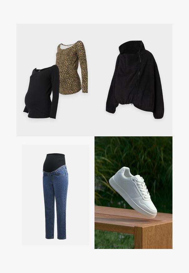 Juodas vilnonis džemperis su aukšta apykakle, užtrauktuku priekyje ir elastingu gale. Yra krūtinės kišenė ir šoninės kišenės. Minkšta, tekstūruota medžiaga.; Du du ilgomis rankovėmis nėštumo marškiniai: vieni juodi, o kiti rudos leopardų rašto, abi su apvaliais kaklais ir minkšta medžiaga.; Nėštumo džinsai su mėlynos džinsinės medžiagos kojomis ir juodu elastingu pilvo skydeliu, skirtu palaikyti ir uždengti augantį pilvuką.; Balti sneakeriai su lygia sintetine viršutine dalimi, perforuota pirštų zona, plokščiomis raištelėmis ir tekstūruotu padu, padėti ant medinės paviršiaus.