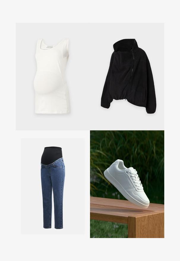 Casaco de fleece preto com colarinho alto, fecho zip e parte inferior elástica. Apresenta um bolso no peito e bolsos laterais. Tecido suave e texturizado.; Top de maternidade branco com decote em forma de escopo, design sem mangas e corte ajustado que destaca a forma arredondada da barriga. Textura de tecido suave.; Jeans de maternidade com pernas em denim azul e um painel abdominal preto elástico projetado para suportar e cobrir uma barriga em crescimento.; Sapatilha branca com um cabedal sintético liso, caixa dos dedos perfurada, atacadores planos e uma sola texturizada, exposta sobre uma superfície de madeira.