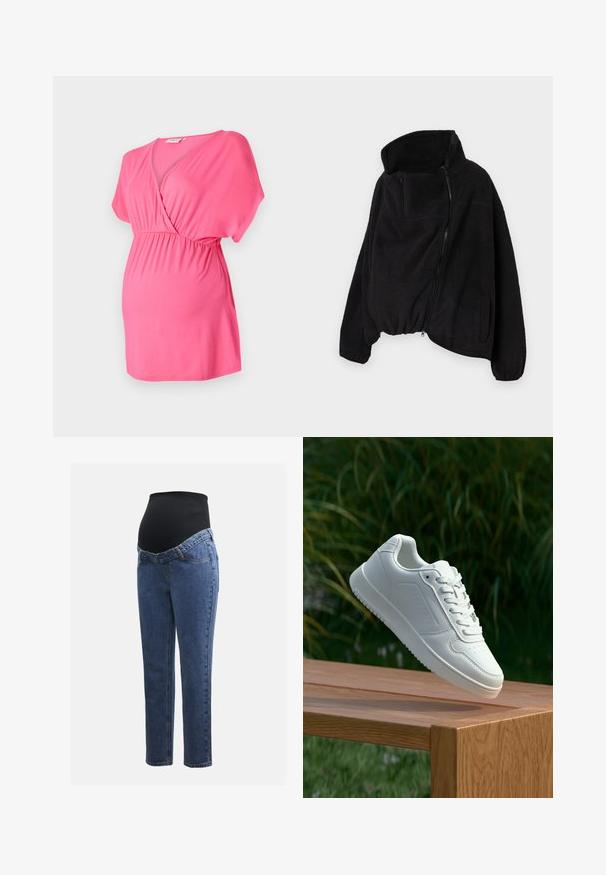 Jachetă neagră din fleece cu guler înalt, fermoar frontal și margine elastică. Prezintă un buzunar pe piept și buzunare laterale. Material moale, texturat.; Bluză de maternitate roz, confecționată dintr-un material moale, cu un design în formă de V cu suprapunere, mâneci scurte și talie elastică pentru confort.; Jeans de maternitate cu picioare din denim albastru și un panou abdominal elastic negru, conceput pentru a susține și a acoperi o burtă în creștere.; Sneaker alb cu un upper sintetic neted, cu vârf perforat, șireturi plate și o talpă texturată, expus pe o suprafață de lemn.