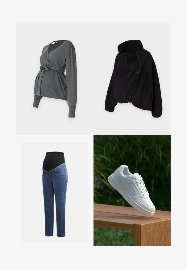 Melnā vilnas jaka ar augstu apkakli, ar rāvējslēdzēja priekšpusi un elastīgu apakšmalu. Iekļautas krūšu kabata un sānu kabatas. Mīksts, teksturēts audums.; Pelēks, garām piedurknēm, apgriezts tops no mīksta materiāla, ar V veida kakla izgriezumu un jostu. Piedurknes ir ar vieglu pūkošanos.; Māmiņu džinsi ar zilu denima kājām un melnu elastīgu vēdera paneli, kas izstrādāts, lai atbalstītu un nosegtu augošu vēderu.; Baltie sporta apavi ar gludu sintētisku augšpusi, perforētu pirkstu daļu, plakani šņorēm un rakstainu zoli, novietoti uz koka virsmas.