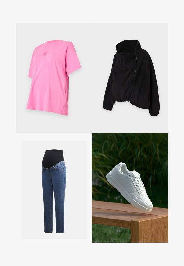 Casaco de fleece preto com colarinho alto, fecho zip e parte inferior elástica. Apresenta um bolso no peito e bolsos laterais. Tecido suave e texturizado.; T-shirt de algodão cor-de-rosa com mangas curtas, corte descontraído e um gráfico de sol no centro. Textura suave com um design de gola redonda.; Jeans de maternidade com pernas em denim azul e um painel abdominal preto elástico projetado para suportar e cobrir uma barriga em crescimento.; Sapatilha branca com um cabedal sintético liso, caixa dos dedos perfurada, atacadores planos e uma sola texturizada, exposta sobre uma superfície de madeira.