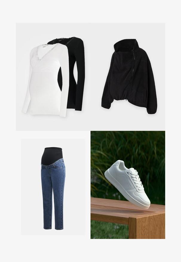 Juodas vilnonis džemperis su aukšta apykakle, užtrauktuku priekyje ir elastingu gale. Yra krūtinės kišenė ir šoninės kišenės. Minkšta, tekstūruota medžiaga.; Du trumpos rankovės nėščiųjų palaidinės: viena balta su nėrinių apvadu V formos iškirpėje ir viena juoda. Abi yra pagamintos iš minkštos, tamprios medžiagos.; Nėštumo džinsai su mėlynos džinsinės medžiagos kojomis ir juodu elastingu pilvo skydeliu, skirtu palaikyti ir uždengti augantį pilvuką.; Balti sneakeriai su lygia sintetine viršutine dalimi, perforuota pirštų zona, plokščiomis raištelėmis ir tekstūruotu padu, padėti ant medinės paviršiaus.