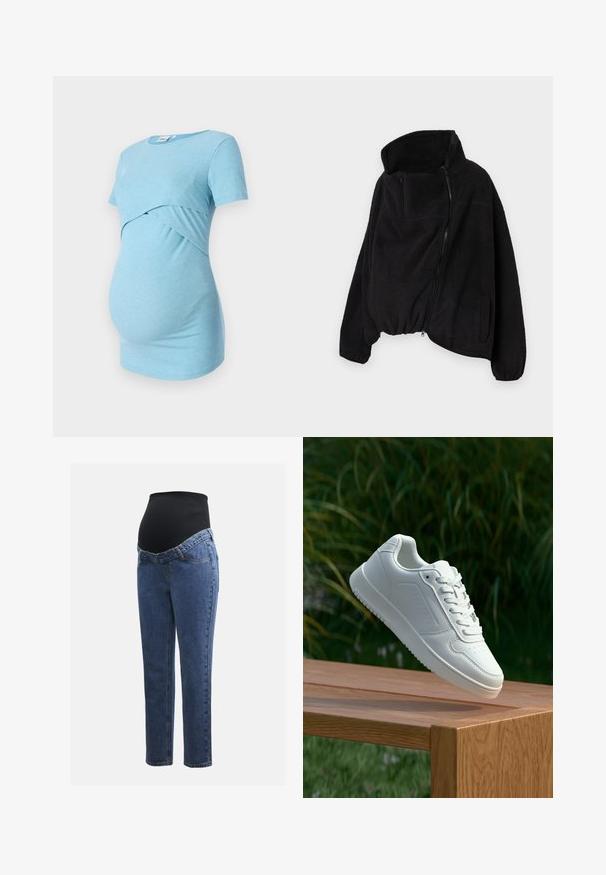 Mustat fleece-takki, jossa on korkea kaulus, vetoketjulla varustettu etuosa ja joustava helma. Sisältää rintataskun ja sivutaskut. Pehmeä, teksturoitu kangas.; Vaaleansininen raitaneuleinen äitiysnapitopp, jossa on lyhyet hihat ja ristiin menevä muotoilu vyötäröllä, suunniteltu mukavuutta ja joustavuutta varten.; Äitiysfarkut, joissa on siniset denimlahkeet ja musta joustava vatsapaneeli, joka on suunniteltu tukemaan ja peittämään kasvavaa vatsaa.; Valkoiset tennarit, joissa on sileä synteettinen päällinen, rei'itetty varvasosa, litteät nauhat ja teksturoitu pohja, esillä puupinnalla.