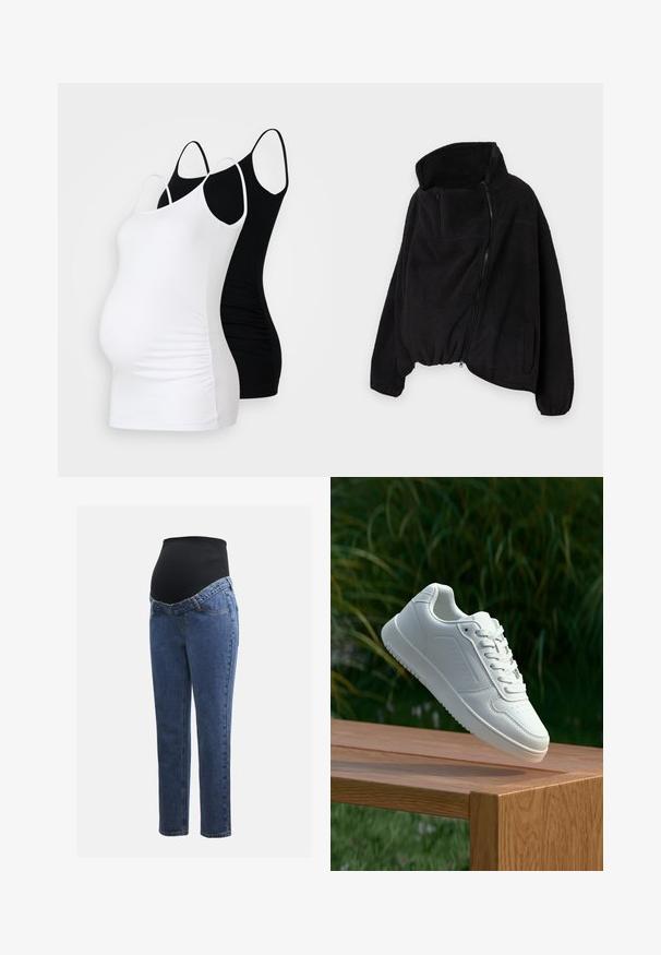 Casaco de fleece preto com colarinho alto, fecho zip e parte inferior elástica. Apresenta um bolso no peito e bolsos laterais. Tecido suave e texturizado.; Duas camisetas de maternidade em branco e preto. Ambas apresentam alças ajustáveis, um design justo e laterais franzidas para maior conforto.; Jeans de maternidade com pernas em denim azul e um painel abdominal preto elástico projetado para suportar e cobrir uma barriga em crescimento.; Sapatilha branca com um cabedal sintético liso, caixa dos dedos perfurada, atacadores planos e uma sola texturizada, exposta sobre uma superfície de madeira.