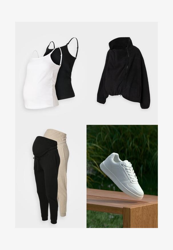 Must lähedane fliisjakk kõrge kaelusega, lukuga ees ja elastse äärisega. Omab rinnataskut ja küljetaskuid. Pehme, tekstuuriga kangas.; Kaks rasedustanki särki mustas ja valges, pehmest kangast, reguleeritavate rihmadega ning voolava disainiga, mis sobib kasvava kõhu jaoks.; Mustus ja heledates beežides raseduse jooksejates. Pehme kangas, elastne vöökoht, pael, kitsenevad sääred ja küljetaskud.; Valged sneakerd, millel on sile sünteetiline ülemine osa, väikeste aukudega varvaskast, lamedad paelad ja tekstuuriga tald, eksponeeritud puidust pinnal.