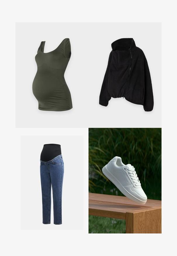 Svart fleecejacka med hög krage, dragkedja fram och elastisk nederkant. Har en bröstficka och sidofickor. Mjukt, texturerat tyg.; MAMALICIOUS MLHEAL TANK O A - Linne - duffel bag; Gravidjeans med ben i blå denim och en svart stretchig bukpanel som är designad för att stödja och täcka en växande mage.; Vita sneakers med en slät syntetisk ovandel, perforerat tåparti, platta snören och en strukturerad sula, placerade på en träyta.