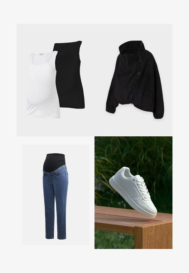 Crna flis jakna s visokim ovratnikom, prednjim patentnim zatvaračem i elastičnom donjom rubom. Ima džep na prsima i bočne džepove. Mekana, teksturirana tkanina.; Bijele i crne rebraste trudničke majice bez rukava s okruglim izrezom prikazane na jednoličnoj pozadini.; Trudnice traperice s plavim traper nogavicama i crnim rastezljivim trbuh panelom dizajnirane za podršku i prekrivanje rastoće trbuščića.; Bijela tenisica sa glatkim sintetičkim gornjim dijelom, perforiranim prednjim dijelom, ravnim vezicama i teksturiranom potplatom, prikazana na drvenoj površini.