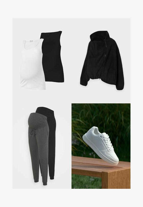 Černá fleecová bunda s vysokým límcem, zipovým předním zapínáním a elastickým lemem. Obsahuje náprsní kapsu a boční kapsy. Měkká, strukturovaná tkanina.; Bílé a černé žebrované bezrukávové těhotenské tílka s kulatým výstřihem vystavené na jednobarevném pozadí.; Těhotenské joggers v šedé a černé barvě. Měkká, pružná tkanina s nastavitelným pasem, se zúženou nohavicí a manžetami na kotnících.; Bílé tenisky s hladkým syntetickým svrškem, perforovanou špičkou, plochými tkaničkami a texturovanou podrážkou, vystavené na dřevěném povrchu.