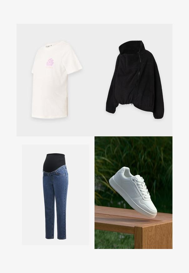 Svart fleecejakke med høy krage, glidelås foran og elastisk nederkant. Har brystlomme og sidelommer. Myk, strukturert stoff.; Kortermet t-skjorte med rund hals i off-white bomull, med et pastellrosa blomstermotiv på brystet og en avslappet passform.; Graviditetsjeans med ben i blå denim og et svart elastisk magepanel designet for å støtte og dekke en voksende buk.; Hvite sneakers med en glatt syntetisk overdel, perforert tåboks, flate snørebånd og en teksturert såle, vist på en treflate.