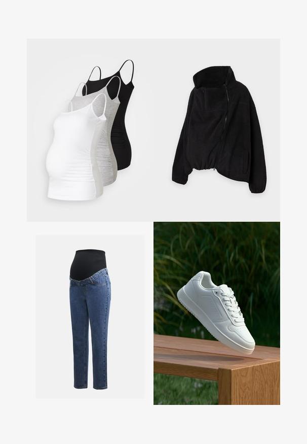 Must lähedane fliisjakk kõrge kaelusega, lukuga ees ja elastse äärisega. Omab rinnataskut ja küljetaskuid. Pehme, tekstuuriga kangas.; Kolm emme tank topi valges, hallis ja mustas värvitoonis. Veniv kangas, reguleeritavad õhuke rihmad ja mugavuse tagavad volditud külgseemed.; Rasedusjeansid sinise denimi jalgadega ja musta veniva kõhuplaadiga, mis on mõeldud toetama ja katma kasvavat kõhtu.; Valged sneakerd, millel on sile sünteetiline ülemine osa, väikeste aukudega varvaskast, lamedad paelad ja tekstuuriga tald, eksponeeritud puidust pinnal.