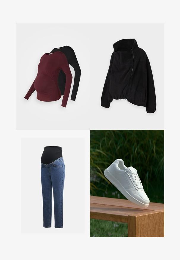 Svart fleecejakke med høy krage, glidelås foran og elastisk nederkant. Har brystlomme og sidelommer. Myk, strukturert stoff.; Graviditets langermede topper i burgunder og svart. Mykt stoff med en buet frontdesign for stretch. Ronde halslinjer og tettsittende ermer.; Graviditetsjeans med ben i blå denim og et svart elastisk magepanel designet for å støtte og dekke en voksende buk.; Hvite sneakers med en glatt syntetisk overdel, perforert tåboks, flate snørebånd og en teksturert såle, vist på en treflate.