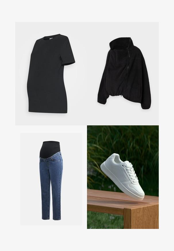 Svart fleecejakke med høy krage, glidelås foran og elastisk nederkant. Har brystlomme og sidelommer. Myk, strukturert stoff.; Svart graviditet t-skjorte laget av myk bomull. Korte ermer, rund hals og en tettsittende design for å romme en voksende mage.; Graviditetsjeans med ben i blå denim og et svart elastisk magepanel designet for å støtte og dekke en voksende buk.; Hvite sneakers med en glatt syntetisk overdel, perforert tåboks, flate snørebånd og en teksturert såle, vist på en treflate.
