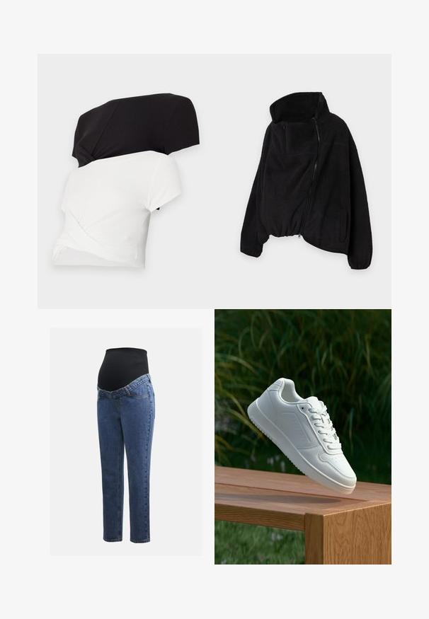 Black fleece jacket with a high collar, zippered front, and elastic hem. Features a chest pocket and side pockets. Soft, textured fabric.; Two short-sleeve t-shirts, one black and one white, with a twisted front design. Made of ribbed cotton fabric. Both show a simple cut.; Maternity jeans with blue denim legs and a black stretchy abdominal panel designed to support and cover a growing belly.; White sneaker with a smooth synthetic upper, perforated toe box, flat laces, and a textured sole, displayed on a wooden surface.
