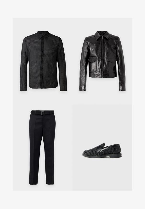 Černá kožená bunda s špičatým límcem, předním zipem a dvěma náprsními kapsami. Hladká textura s přiléhavým střihem a precizními detaily.; Černá košile s designem na knoflíky, dlouhými rukávy a bílým puntíkovaným vzorem, vyrobená z lehké, průsvitné tkaniny.; Černé oblekové kalhoty mají hladkou tkaninu, rovný střih a pas s opaskem a obdélníkovou sponou. Výrazné přední záhyby zvýrazňují design.; Černé pletené nazouvací boty s hladkým koženým akcentem na svršku, kulatou špičkou a nízkoprofilovou gumovou podrážkou.