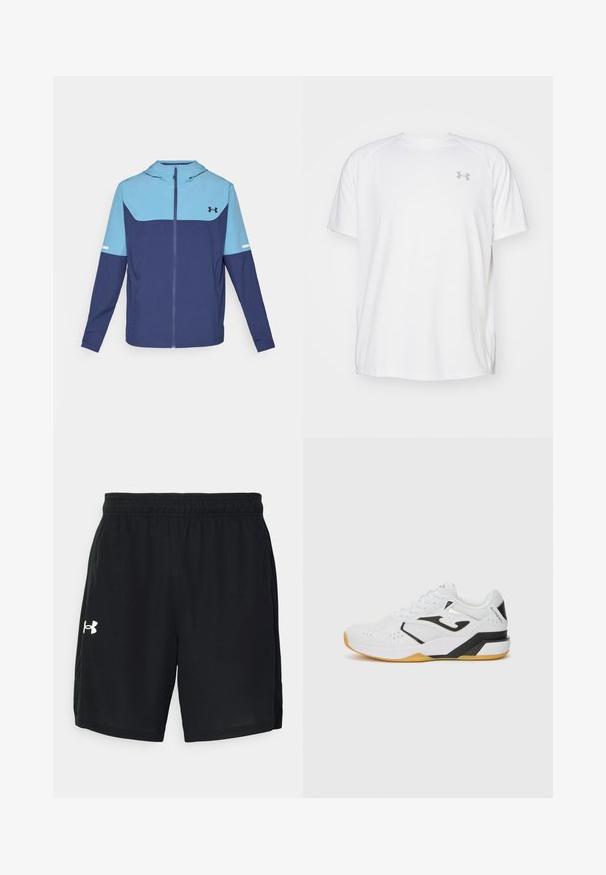 Hedvábná bunda v námořnické modři a světle modré barvě, s zapínáním na zip, dlouhými rukávy a kontrastním blokovým designem s bílým akcentem.; Bílé sportovní tričko s krátkým rukávem vyrobené z hladké látky. Má kulatý výstřih a šedé logo na levé straně hrudi, s bočními rozparky na lemu.; Černé sportovní šortky vyrobené z lehkého materiálu, s elastickým pasem a bílým logem na levé straně.; Bílé sportovní boty s černými akcenty, texturovaný síťovaný svršek, perforace pro prodyšnost, silná gumová podrážka a šněrovací design.