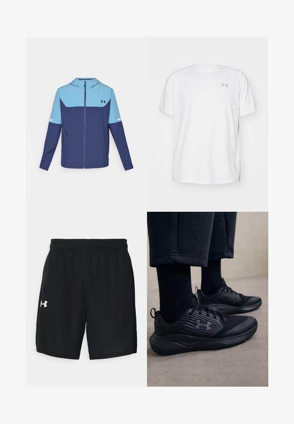 Hooded jacket in marineblauw en lichtblauw, met een ritssluiting aan de voorkant, lange mouwen en een contrasterend blokontwerp met een witte accentstreep.; Witte sportieve T-shirt met korte mouwen, gemaakt van gladde stof. Heeft een ronde hals en een grijs logo op de linkerkant van de borst, met zijsplitten aan de zoom.; Zwarte sport shorts van lichtgewicht stof, met een elastische tailleband en een wit logo aan de linkerkant.; Persoon in zwarte sport sneakers met gestructureerde zijkanten en logo, gecombineerd met zwarte sokken en cropped broek op een lichte vloer.