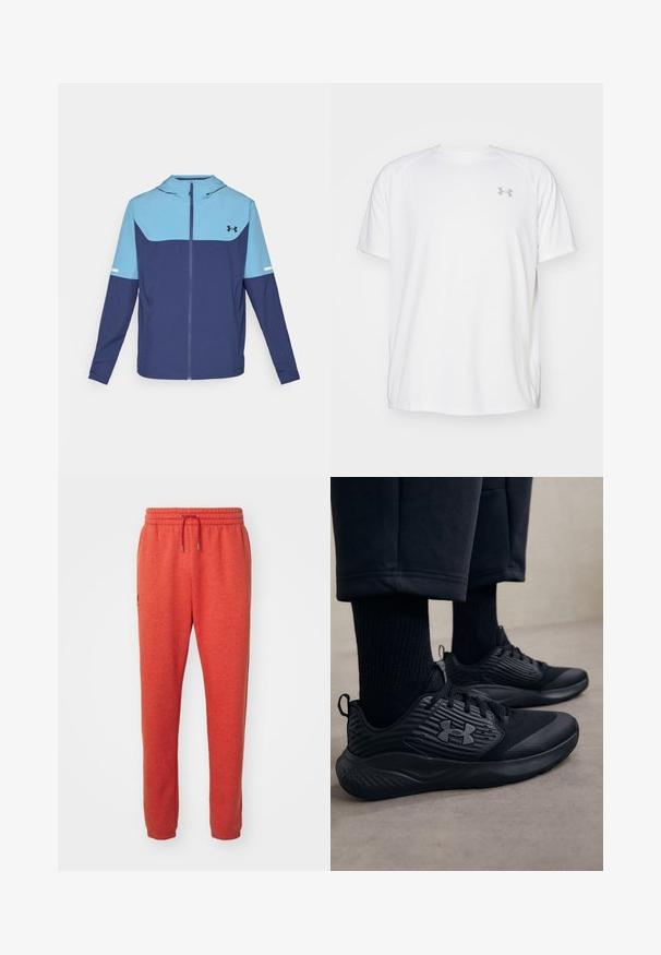 Chaqueta con capucha en azul marino y azul claro, con cierre de cremallera frontal, mangas largas y un diseño de bloques en contraste con una franja blanca de acento.; Camisa atlética de manga corta blanca, hecha de tejido suave. Presenta un cuello redondo y un logo gris en el lado izquierdo del pecho, con aberturas laterales en el dobladillo.; Pantalones de chándal rojos hechos de tela suave, con una cinturilla elástica y cordón, piernas ajustadas y un pequeño detalle de logo en el costado.; Persona que lleva zapatillas deportivas negras con lados texturizados y un logo, combinadas con calcetas negras y pantalones cortos sobre un suelo claro.