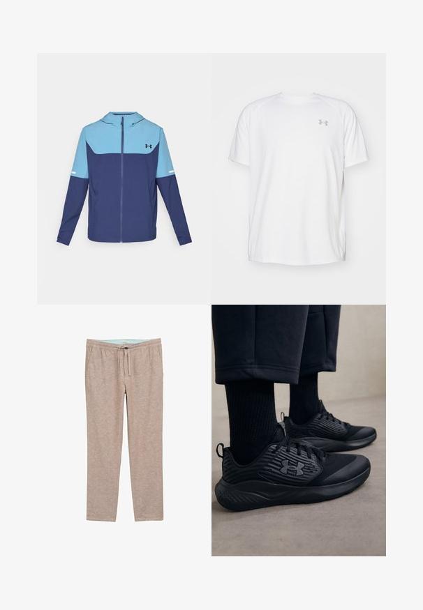 Giacca con cappuccio in blu navy e azzurro, con zip frontale, maniche lunghe e un design a blocchi a contrasto con una striscia bianca di accento.; Maglietta da ginnastica bianca a maniche corte realizzata in tessuto liscio. Presenta un colletto rotondo e un logo grigio sul lato sinistro del petto, con fessure laterali all'orlo.; Pantaloni marrone chiaro, con una texture morbida e un fit rilassato, dotati di una vita elasticizzata e un cordoncino per un comfort regolabile.; Persona che indossa sneakers sportive nere con lati testurizzati e logo, abbinate a calze nere e pantaloni corti su un pavimento chiaro.