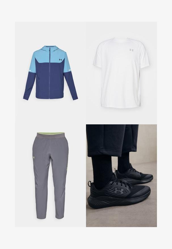 Kapuzenshirt in Marineblau und Hellblau, mit einem Reißverschluss vorne, langen Ärmeln und einem kontrastierenden Blockdesign mit einem weißen Akzentstreifen.; Weißes kurzärmeliges Sportshirt aus glattem Material. Mit Rundhalsausschnitt und grauem Logo auf der linken Brust, sowie seitlichen Schlitzen am Saum.; Under Armour LAUNCH - Jogginghose - castlerock/morph green; Person in schwarzen Sport Sneakers mit strukturierten Seiten und Logo, kombiniert mit schwarzen Socken und kürzeren Hosen auf einem hellen Boden.
