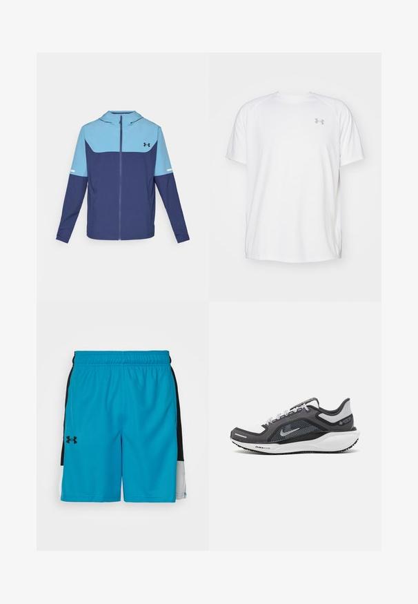 Hooded jacket in navy and light blue, featuring a zip front, long sleeves, and a contrasting block design with a white accent stripe.; White short-sleeve athletic shirt made of smooth fabric. Features a crew neck and gray logo on the left chest, with side slits at the hem.; Turquoise athletic shorts with black side panels, elastic waistband, and small black logo on the left leg. Smooth, lightweight fabric.; Black and gray athletic shoe with a mesh upper, reflective accents, and a white midsole. Features textured rubber outsole and laces.