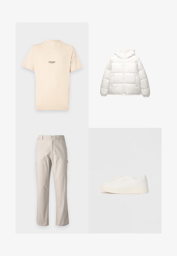 White puffer jacket with front zipper, two side pockets, elastic cuffs, and attached padded hood, shown on a white background.; Short-sleeve, cream-colored t-shirt made of cotton with a crew neck. Features a small black logo print on the chest.; Beige cargo pants made of sturdy cotton with straight legs, front button closure, and side pockets for utility. Smooth texture with subtle stitching.; White slip-on sneakers with a textured surface, a thick sole, and minimalistic design. Features brand logo on the side.