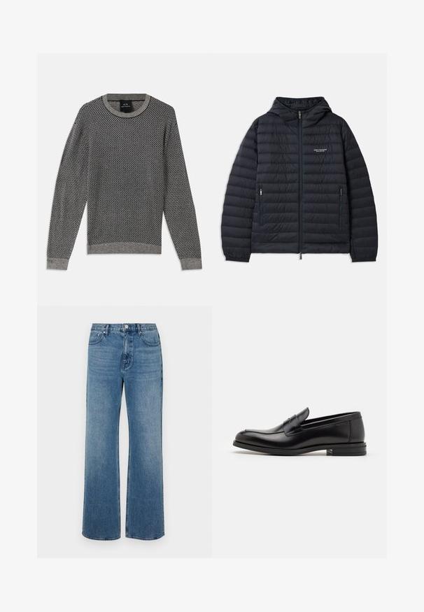 Zwarte pufferjas met een capuchon, voorzien van een horizontaal gewatteerd ontwerp, een ritssluiting aan de voorkant en twee zijzakken met ritssluitingen.; Gebreide trui in grijs met een gestructureerd diamanten patroon. Voorzien van een ribgebreide ronde hals en manchetten, met een effen grijze zoom.; Brede blauwe jeans van denim met een verouderde afwerking. Heeft vijf zakken, een sluiting met vooraan knoop en een rechte snit.; Zwarte leren instappers met een gladde textuur, ronde neus en een decoratieve band over de wreef. Lage, gestapelde hak en minimalistisch ontwerp.