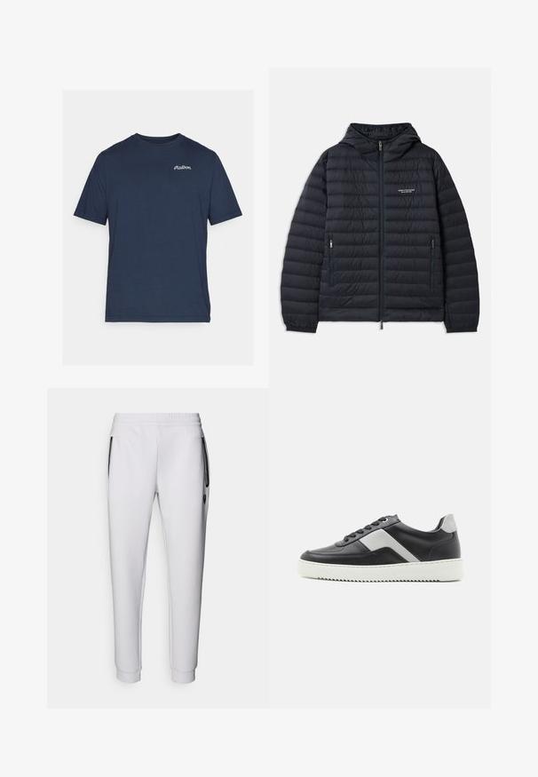 Czarna kurtka puchowa z kapturem, z poziomym pikowaniem, zapinana na zamek błyskawiczny z przodu i dwoma bocznymi kieszeniami zapinanymi na zamek.; Granatowa bawełniana koszulka z krótkim rękawem. Posiada małe białe haftowane logo na lewej części klatki piersiowej. Okrągły dekolt.; Białe dresy ze elastyczną talią, dwiema bocznymi kieszeniami, czarnymi zamkami błyskawicznymi oraz ściągaczami przy kostkach. Gładka faktura.; Czarne skórzane sneakersy z szarymi akcentami, biała gumowa podeszwa, okrągły czubek i sześć czarnych oczek na sznurówki. Teksturowany detal bocznego panelu.