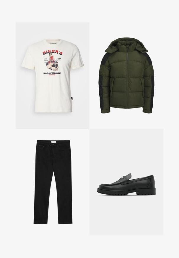 Olivgrüne Pufferjacke mit schwarzen Akzenten, Reißverschluss vorne, hohem Kragen und Kapuze. Aus gesteppten Einsätzen und mit seitlichen Taschen gefertigt.; Cremefarbiges Baumwoll-T-Shirt mit einem grafischen Design, das einen Schädel und eine Frau in einem roten Kleid zeigt, umgeben von Rosen. Der Text lautet "Biker's Girlfriend."; Schwarze gerade Jeans mit Fünf-Taschen-Design, Knopf- und Reißverschluss, und einem Pier One-Label am Bund.; Schwarze Lederloafer mit runder Zehenform, ausgestattet mit einem gesteppten Design, niedrigem Plattformsohle und einer strukturierten, genoppten Gummisohle.