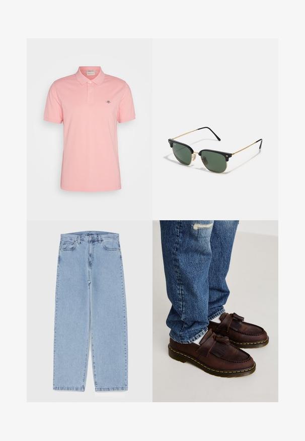 Tmavě zelená nepromokavá bunda s hnědým manšestrovým límcem. Obsahuje patentky, dvě přední kapsy a žebrované manžety. Hladký povrch.; Černá zipová bunda vyrobená z měkké tkaniny. Má vysoký límec, dlouhé rukávy a malé zelené logo na levé straně hrudi.; GANT REG SHIELD SS - Polotričko - bubbelgum pink; Světle modré džíny s rovnými nohavicemi, středním pasem, pěti kapsami a zapínáním na knoflík a zip.; Hnědé kožené mokasíny s třásněmi, zdobené prošitým designem a žlutou gumovou podrážkou. V kombinaci se světle modrými džíny.; Sluneční brýle se zelenými čočkami, horní rám z černého plastu, zlaté kovové akcenty a štíhlé černé nožičky. Vyznačují se charakteristickým designem můstku.