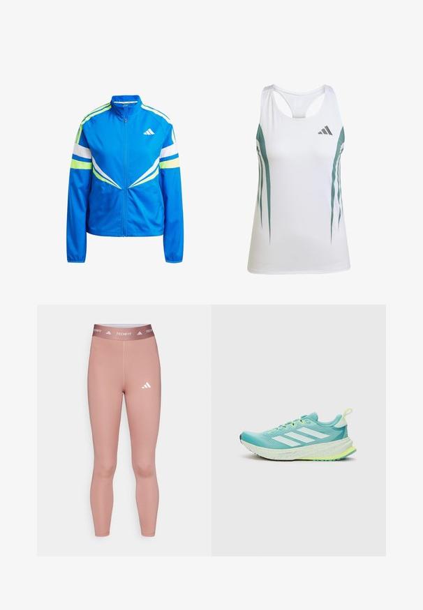 Blauwe ritsjack gemaakt van soepel, lichtgewicht stof. Kenmerkt zich door witte en neon groene strepen, een staande kraag en een logo op de borst.; Witte sportieve tanktop met teal accenten en een geometrisch patroon. Beschikt over een racerback ontwerp en een lichte, gestructureerde stof.; Techfit leggings in een zachte roze kleur, gemaakt van rekbaar materiaal, met een aansluitend ontwerp en een wit logo op het onderbeen en de tailleband.; Lichtblauwe hardloopschoen met witte strepen, gestructureerde bovenkant, gevoerde kraag en geel-groene accenten op de zool en veters.