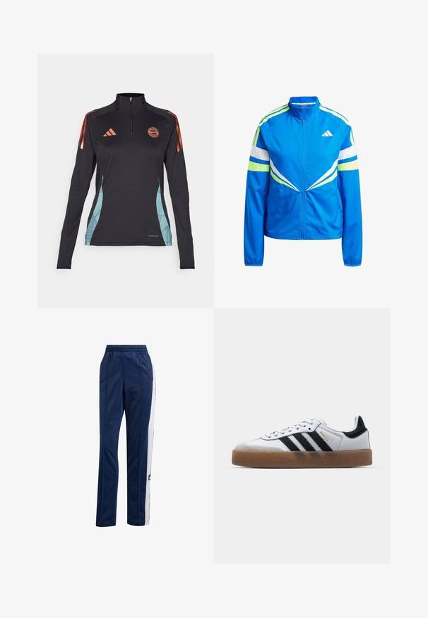 Blå jakke med glidelås laget av glatt, lett stoff. Har hvite og neongrønne striper, ståkrage og en logo på brystet.; Svart langermet treningsskjorte med halv glidelås, oransje detaljer og blå geometriske sidestykker. Adidas-logo på brystet. AEROREADY-merke nederst.; Marineblå joggebukser med elastisk midje, sidelommer og hvite striper langs yttersømmene. Laget av et glat polyesterstoff.; Hvite lær sneakers med svarte striper, gummisåle, rund tå, snøring, og myk grå semsket tåhette.