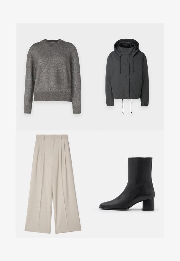 Čierna skrátená bunda s kapucňou, so sťahovacou šnúrkou a prednými vreckami. Vyrobená z hladkej, ľahkej tkaniny s minimálnou textúrou.; Sivý sveter s reflexnou pletenou textúrou, okrúhlym výstrihom a rebrovanými manžetami a spodným lemom; mierne voľný strih a dlhé rukávy.; Béžové široké nohavice s hladkou textúrou, so skladanými prednými časťami, plochým pásom a upraveným strihom pre voľnejší fit.; Čierna kožená členková čižma s špicatou špičkou a masívnym štvorcovým podpätkom. Hladká textura s bezšvovým dizajnom a minimalistickým prešívaním.