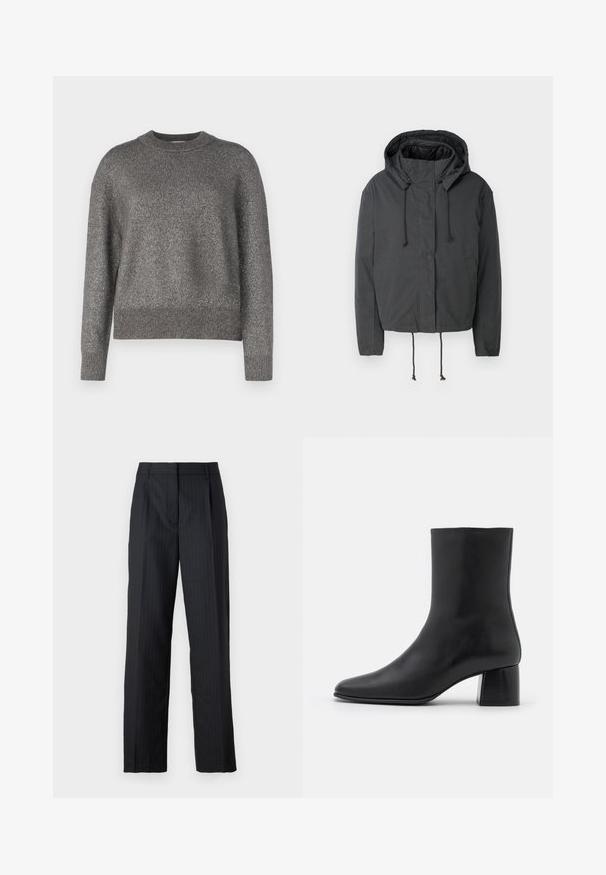Must musta jakk, millel on kapuuts, nööriga sulgemine ja ees taskud. Valmistatud siledast, kergekaalulisest kangast, millel on minimaalne tekstuur.; Hallikas sviiter, millel on peegeldav kudumistekstsuur, ümar kaelus ning soonikkoes varrukad ja äär; veidi laiem istuvus ja pikad varrukad.; Kohandatud mustad püksid, millel on triibud, sirge jala disain, pressitud voldid ja traditsiooniline vöökoht. Sile kangatextuur.; Must musta ankle boot terava nina ja turske ruudukujulise kontsaga. Sile tekstuur, sujuv disain ja minimaalne õmblus.