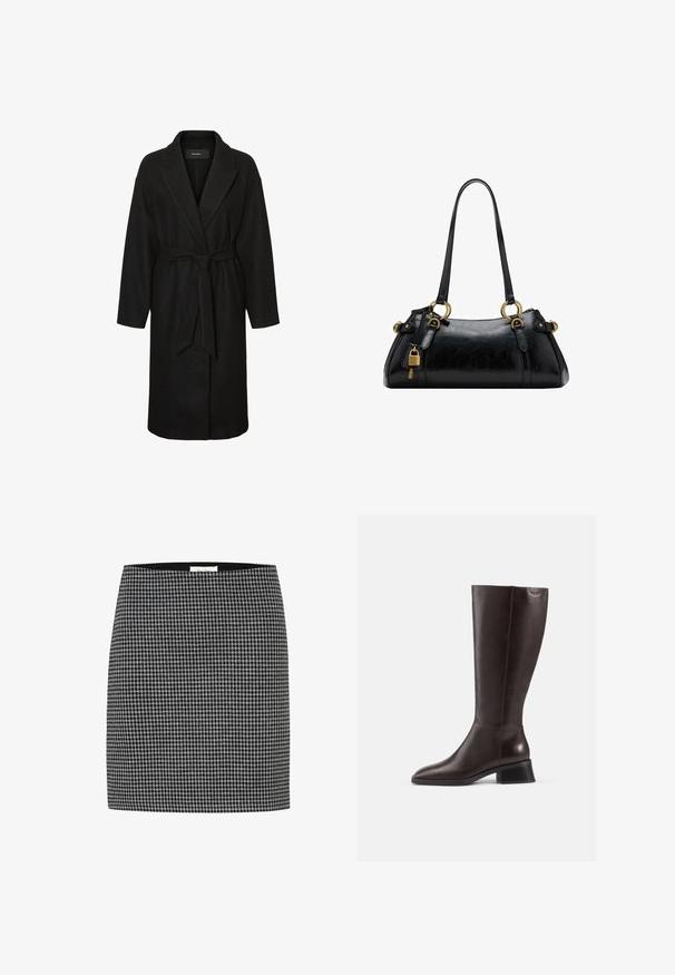 Czarny płaszcz wykonany z fakturowanej tkaniny, z kołnierzem szalowym, długimi rękawami i paskiem w talii do zapinania. Zaprojektowany w prostym kroju.; Sweter dzianinowy w czarno-białe paski z okrągłym dekoltem i bufkami. Wzór charakteryzuje się odważnymi, zakrzywionymi paskami i ściągaczami.; Spódnica w czarno-białą kratę houndstooth o dopasowanej sylwetce, gładkiej strukturze i elastycznym pasie. Brak widocznych elementów metalowych czy wzorów poza wzorem houndstooth.; Kozaki skórzane w kolorze brązowym, sięgające do kolan, z gładkim wykończeniem, zaokrąglonym noskiem i czarnym, podwyższonym obcasem. Prosty design z minimalną ilością detali metalowych.; Czarna skórzana torebka o gładkiej fakturze, zaokrąglonym kształcie, złotych akcentach metalowych i podwójnych uchwytach. Posiada dekoracyjny zamek z boku.